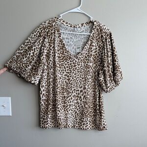 Cato Brown and White Animal Print V-Neck Blouse